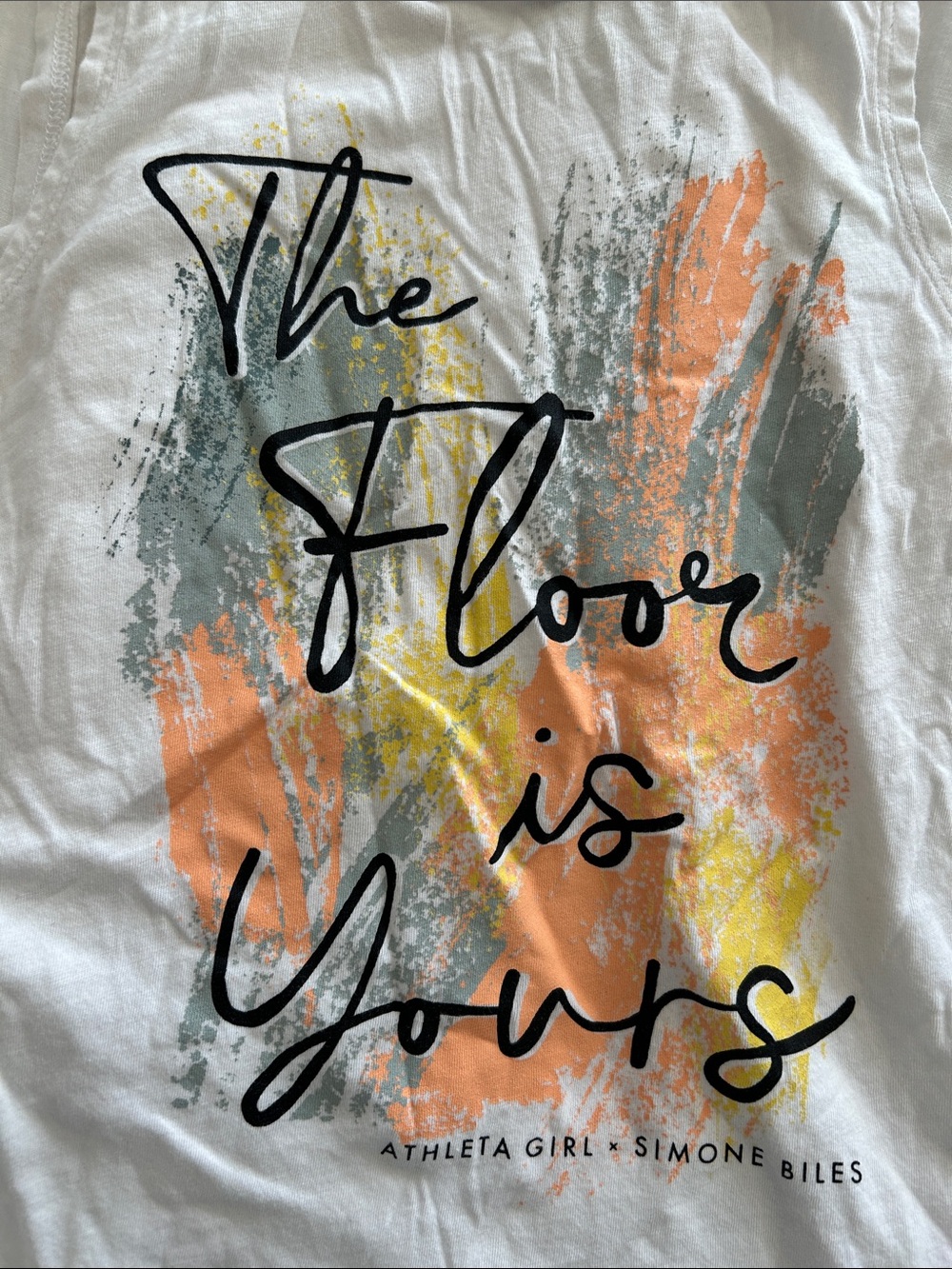 Athleta White Tank with Orange, Yellow & Gray Brushstroke Graphic